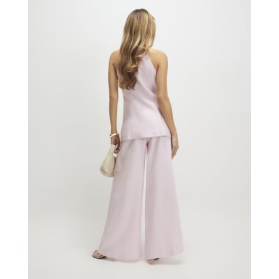 Pink Linen Look Belted Wide Leg Trousers