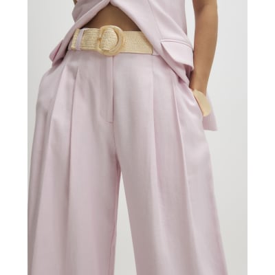 Pink Linen Look Belted Wide Leg Trousers