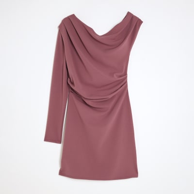 Pink Long Sleeve Asymmetric Drape Mini Dress