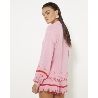 Pink Long Sleeve Embroidered Beach Shirt