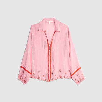 Pink Long Sleeve Embroidered Beach Shirt