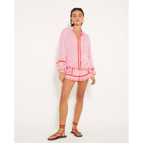Pink Long Sleeve Embroidered Beach Shirt