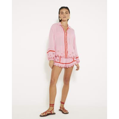 Pink Long Sleeve Embroidered Beach Shirt