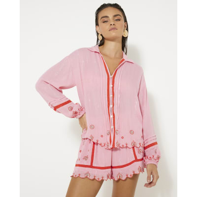 Pink Long Sleeve Embroidered Beach Shirt