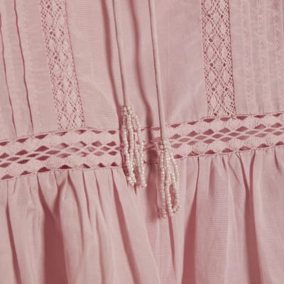 Pink Long Sleeve Lace Insert Blouse