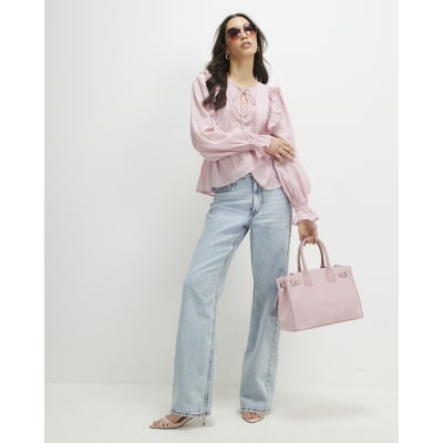 Pink Long Sleeve Lace Insert Blouse
