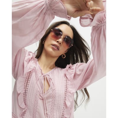 Pink Long Sleeve Lace Insert Blouse