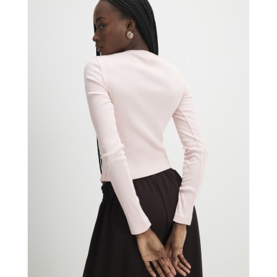 Pink Long Sleeve Ribbed Button Up Top