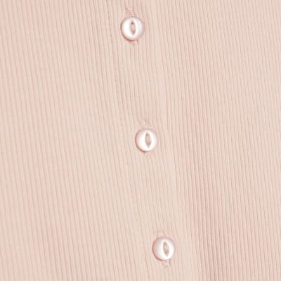 Pink Long Sleeve Ribbed Button Up Top