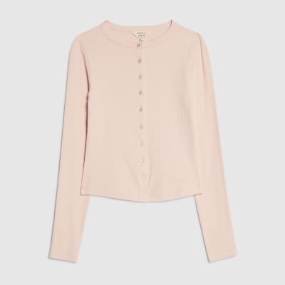 Pink Long Sleeve Ribbed Button Up Top