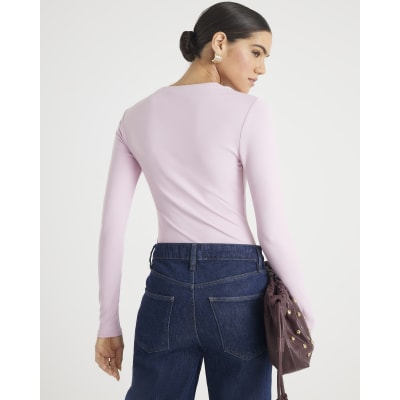 Pink Long Sleeve Square Neck Bodysuit