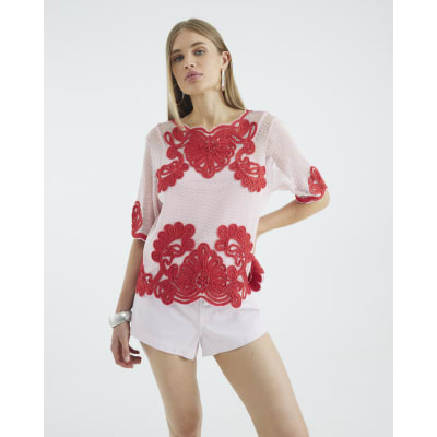Pink Mesh Short Sleeve Embroidered Top