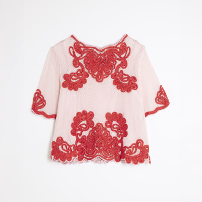 Pink Mesh Short Sleeve Embroidered Top