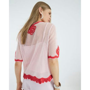 Pink Mesh Short Sleeve Embroidered Top