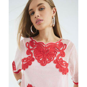 Pink Mesh Short Sleeve Embroidered Top