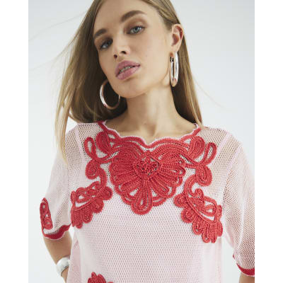 Pink Mesh Short Sleeve Embroidered Top