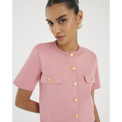Pink Military Button Knit T-Shirt