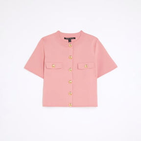 Pink Military Button Knit T-Shirt