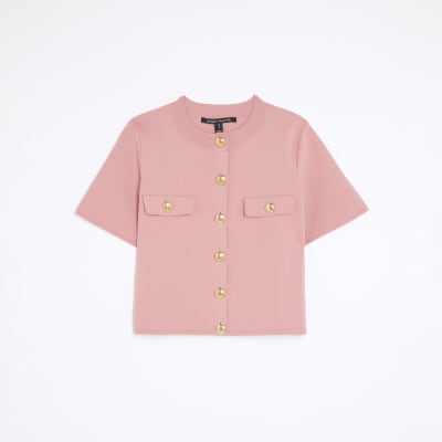 Pink Military Button Knit T-Shirt