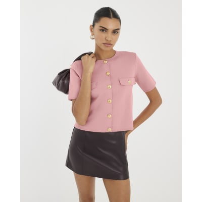 Pink Military Button Knit T-Shirt