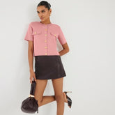 Pink Military Button Knit T-Shirt