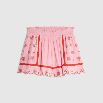 Pink Mixed Embroidered Floral Shorts