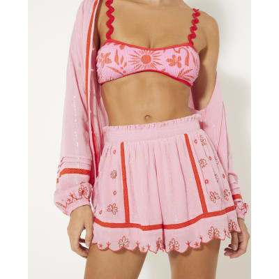 Pink Mixed Embroidered Floral Shorts