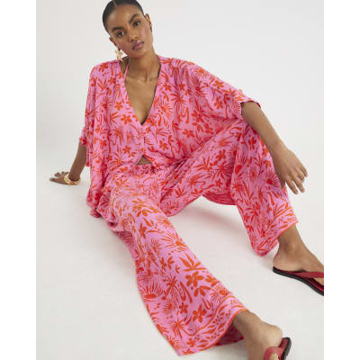 Pink Palm Printed Beach Trousers