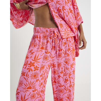Pink Palm Printed Beach Trousers