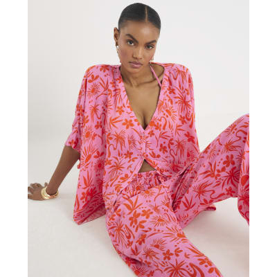 Pink Palm Tree Printed Blouse