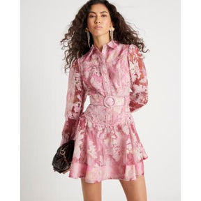 Pink Premium Floral Belted Mini Dress