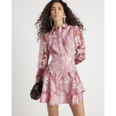 Pink Premium Floral Belted Mini Dress