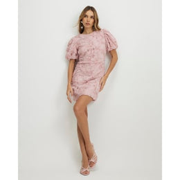 Pink Puff Sleeve 3D Floral Mini Dress