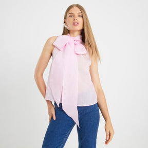 Pink Pussybow Neck Tie Blouse