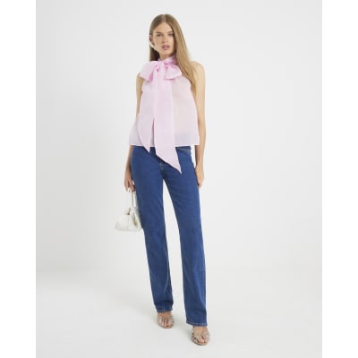 Pink Pussybow Neck Tie Blouse