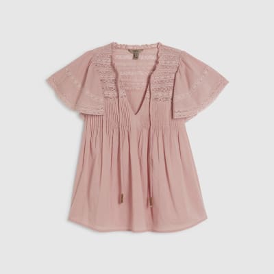 Pink Ruffle Sleeve Lace Blouse