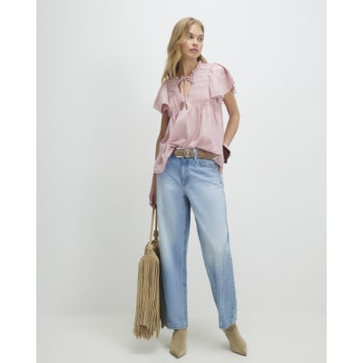 Pink Ruffle Sleeve Lace Blouse