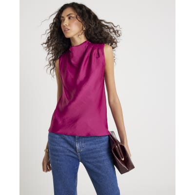 Pink Satin Cowl Neck Tank Top