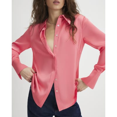 Pink Satin Long Sleeve Slim Fit Shirt