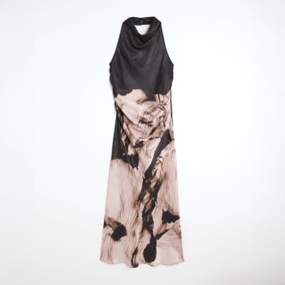 Pink Satin Printed Cowl Neck Slip Dress