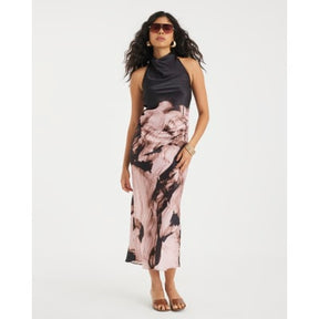 Pink Satin Printed Cowl Neck Slip Dress