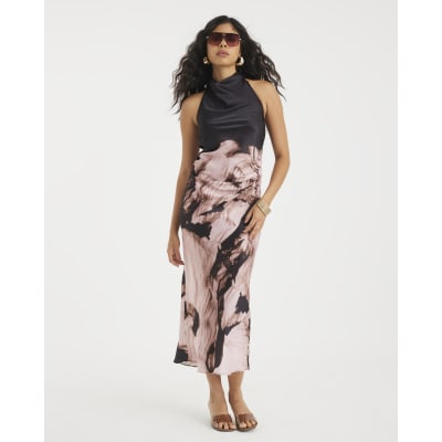Pink Satin Printed Cowl Neck Slip Dress