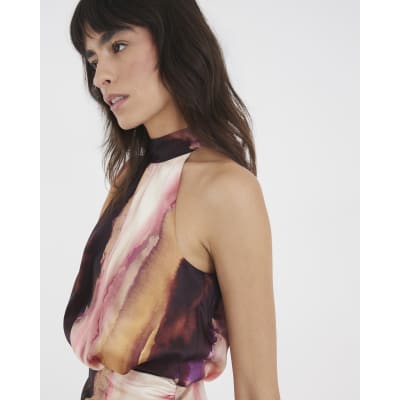 Pink Satin Printed High Neck Midi Dress