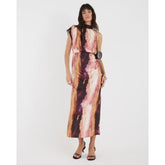 Pink Satin Printed High Neck Midi Dress