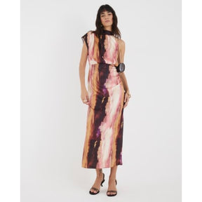 Pink Satin Printed High Neck Midi Dress
