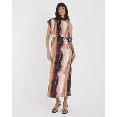 Pink Satin Printed High Neck Midi Dress