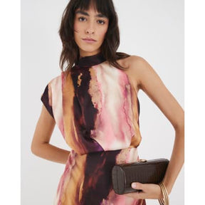 Pink Satin Printed High Neck Midi Dress