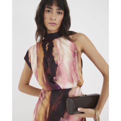 Pink Satin Printed High Neck Midi Dress