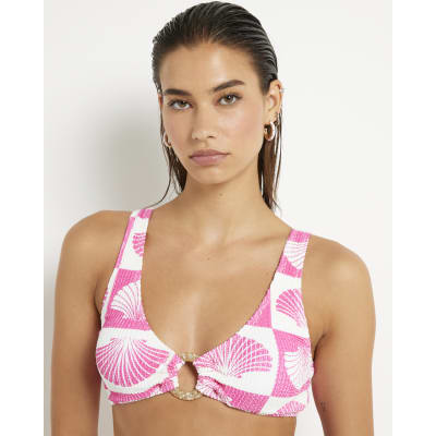Pink Shell Print Textured Cami Bikini Top