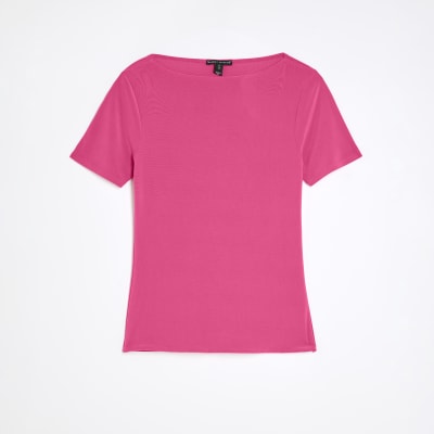 Pink Short Sleeve Boat Neck T-shirt